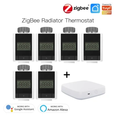 [Set] 6PCS Zigbee Trv Termostato Valvola del radiatore Testa Controller Attuatore Termostato intelligente con 1PC Zigbee Hub APP Controllo remoto Alexa Acho Google Home